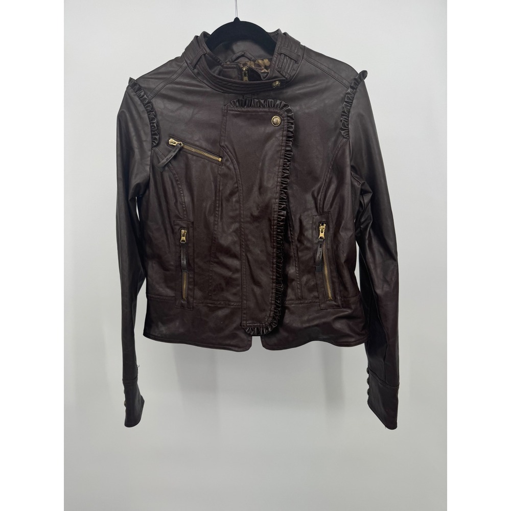 Apple Bottoms Womens Brown Faux Leather Ruffle Moto Jacket Leopard Lining L - Picture 2 of 13